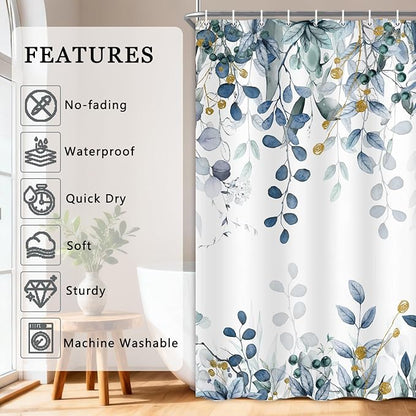 Long Eucalyptus Shower Curtain 72X78 Inch, Blue Watercolor Plants Leaves Floral Tall Bathroom Curtains, Botanical Foliage Waterproof Fabric Cloth Shower Curtain Set with Hooks