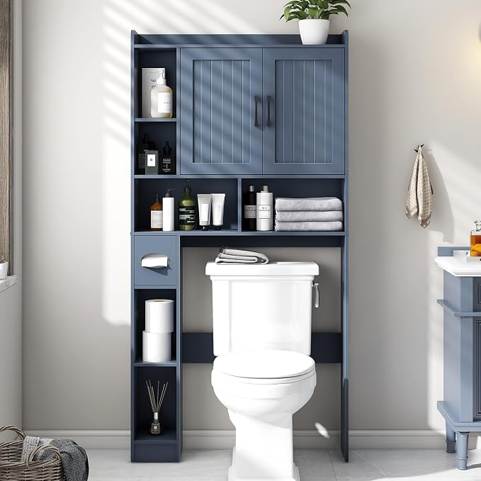 Vabches Farmhouse Over The Toilet Storage Cabinet with Barn Door, Blue | Storage Cabinet Over Toilet, Home Space-Saving Toilet Rack, for Bathroom, Restroom, Laundry