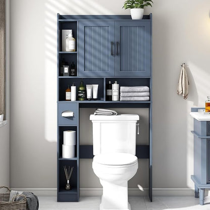 Vabches Farmhouse Over The Toilet Storage Cabinet with Barn Door, Blue | Storage Cabinet Over Toilet, Home Space-Saving Toilet Rack, for Bathroom, Restroom, Laundry