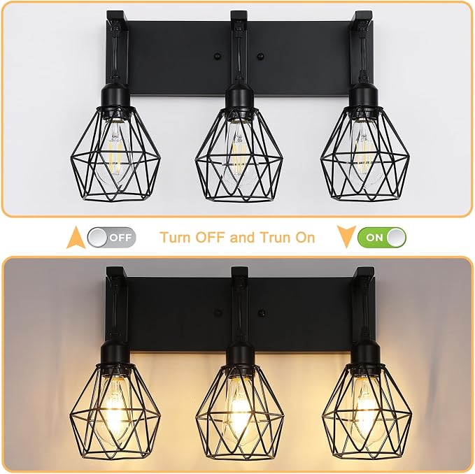 Somniferous Farmhouse Bathroom Light Fixtures, 3 Light Bathroom Vanity Lights Over Mirror, Black Vanity Light with Caged Metal Shade, Rustic Wall Sconce for Bedroom, Living Room, Hallway, E26 Socket