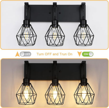 Somniferous Farmhouse Bathroom Light Fixtures, 3 Light Bathroom Vanity Lights Over Mirror, Black Vanity Light with Caged Metal Shade, Rustic Wall Sconce for Bedroom, Living Room, Hallway, E26 Socket