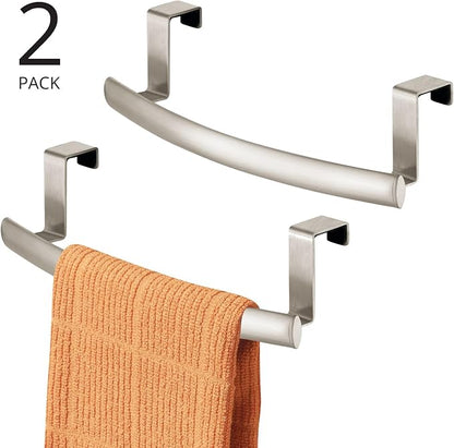 mDesign Steel Over Door Curved Towel Bar Storage, Hanger for Cabinet or Cupboard, Holder Rack for Kitchen, Bathroom - Holds Hand/Dish Towels, Washcloths - Spira Collection - 2 Pack - Satin