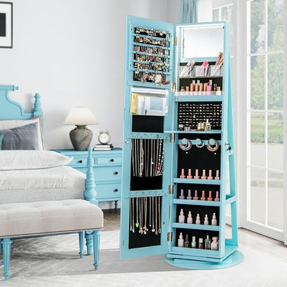 CHARMAID 360° Swivel Jewelry Armoire with Full Length Mirror, Rear Storage Shelves, Lockable Standing Jewelry Cabinet Organizer with Interior Vanity Mirror and 3-Color Lights (Sky Blue)