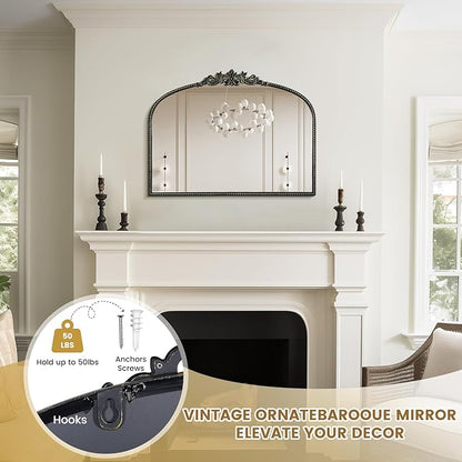 WallBeyond Black Vintage Mirror for Vanity 32x24 Inch, Black Antique Mirror with Ornate Frame, Arched Vintage Wall for Bathroom, Living Room, Fireplace, Entryway