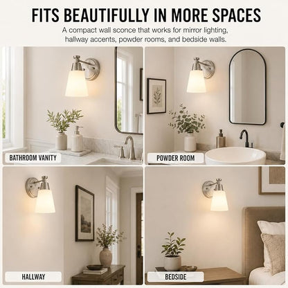 1-Light Bathroom Vanity Light, Brushed Nickel Finish Wall Sconce with Milk Glass, Over Mirror, for Bathroom Vanity