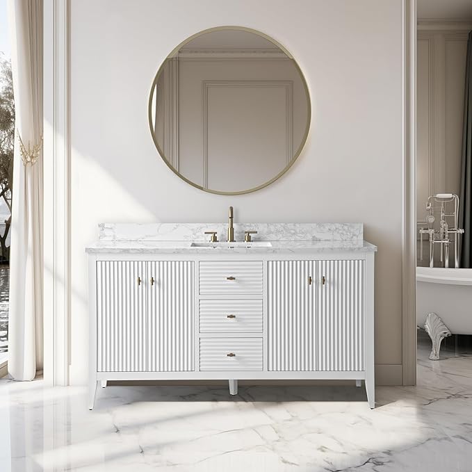 Vanity Art 60 inch Bathroom Vanity with Single Sink & Ceramic Top, Vanity Cabinet with Soft-Closing Door, Solid Wood Frame, Linear Pattern, White, Golden Brushed Handware VA9160-SW-GB