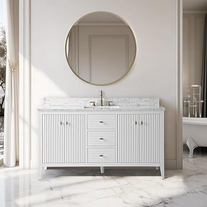Vanity Art 60 inch Bathroom Vanity with Single Sink & Ceramic Top, Vanity Cabinet with Soft-Closing Door, Solid Wood Frame, Linear Pattern, White, Golden Brushed Handware VA9160-SW-GB