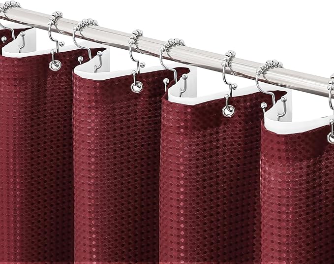 3 in 1 Burgundy Shower Curtain with PEVA Liner, 12 Hooks, 72x72 | Luxury Weighted Fabric Shower Curtain Set, 12 Stainless Steel Double-Sided Hooks, Water Repellent, Bathroom Decor