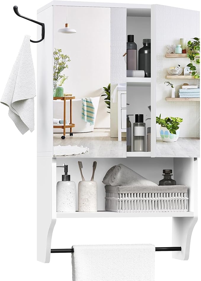 Bathroom Wall Cabinet with Mirror, Medicine Cabinet with 2 Door and Adjustable Shelf, Wall Mounted Over The Toilet Storage Cabinet with Towel Bar for Bathroom Laundry Room Kitchen, White