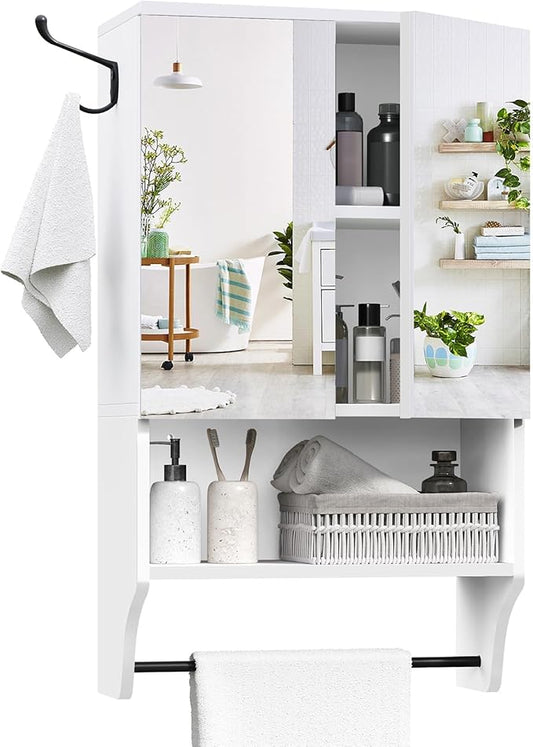 Bathroom Wall Cabinet with Mirror, Medicine Cabinet with 2 Door and Adjustable Shelf, Wall Mounted Over The Toilet Storage Cabinet with Towel Bar for Bathroom Laundry Room Kitchen, White