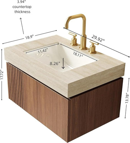 KEIKI 30 Inch Floating Bathroom Vanity with Sink, Modern Wall Mounted Storage Cabinet with Drawer, Pre-assembled Waterproof Wood Panels, Sintered Stone Top & Ceramic Basin Combo Set, Brown Oak & Beige