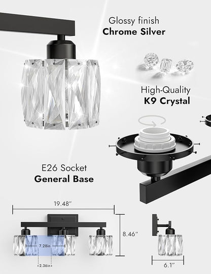 VOLISUN Crystal Vanity Lights for Bathroom, 3 Light Bathroom Vanity Light, Modern Matte Black Bathrooms Light Over Mirror, Black Bathrooms Lights Fixtures-UL Certificated(Exclude Bulb)