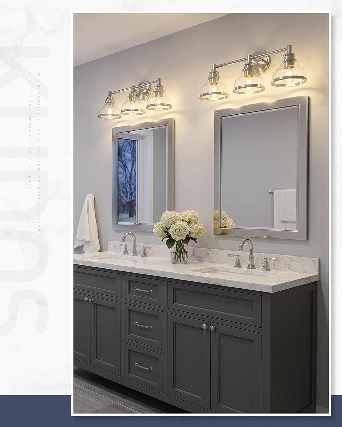 kudos 3-Light Brushed Nickel Vanity Light, Clear Glass Shade | 24" bathroom light fixtures over mirror, upward or downward, E26 base, bulbs not included, Hardwired, KDVL20-BN-3