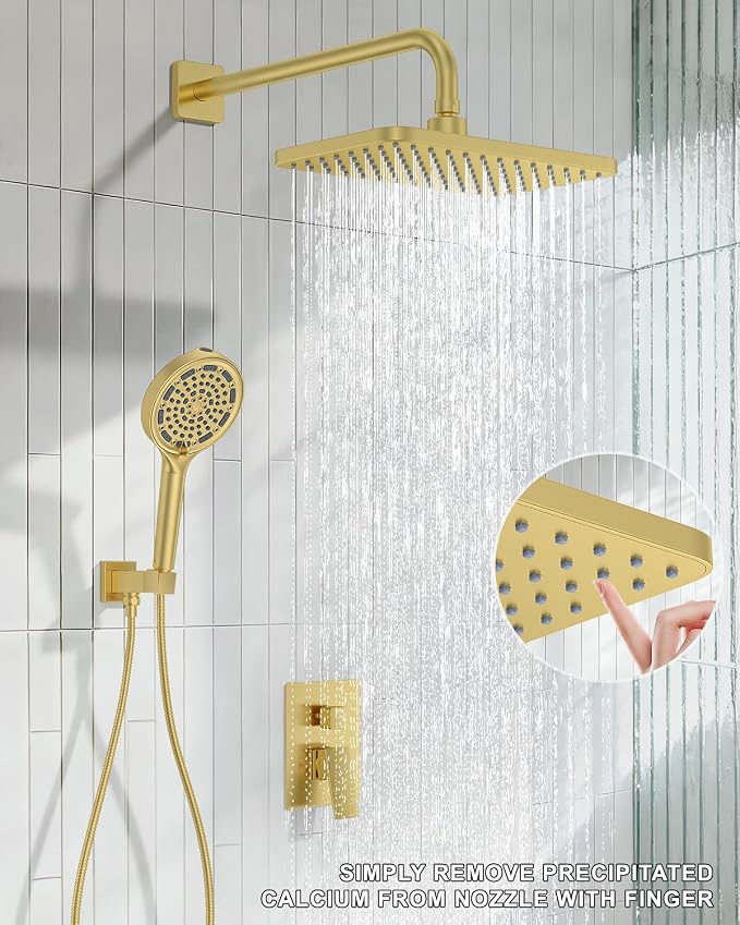Brushed Gold Shower System Set - Complete with Valve Kit, Rainfall & Filtered Handheld Shower Head spray, Modern Bathroom Fixtures