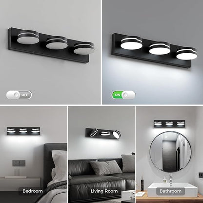Vanity Lights for Bathroom, Matte Black Bathroom Light Fixtures Over Mirror, 3-Light Modern LED Wall Sconce Makeup Lighting, 350° Rotatable, Dimmable 6000K Cool White, Hardwired