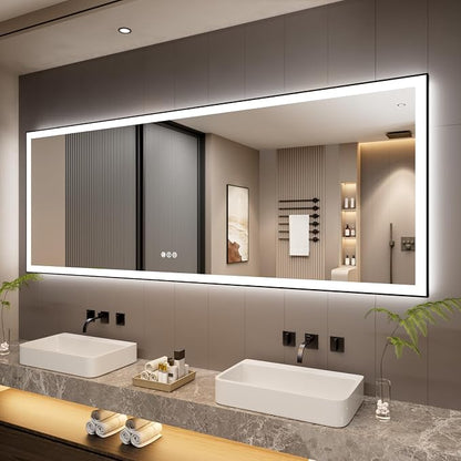 96x36 Inch LED Bathroom Mirror with Black Frame | Black Metal Frame, Front and Backlit, 3 Colors, Dimmable, Memory, Anti Fog, Tempered Glass, Lighted Mirror for Wall