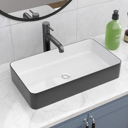 Bathroom Vessel Sink 24x14 Inch Black and White Rectangular Sink | Above Counter Large Bathroom Sink Porcelain Ceramic Large Bathroom Sink Vanity Sink Lavatory Art Basin