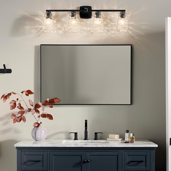 Kichler Marant 33.25" 4-Light Vanity Light with Clear Water Glass in Black, for Bathroom, Powder Room, Over a Mirror, (33.25" W x 9.5" H), 55217BKWTR