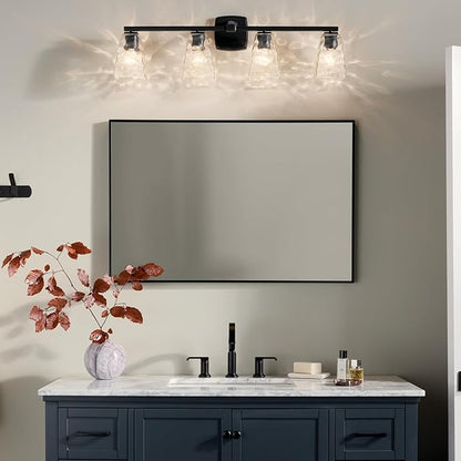 Kichler Marant 33.25" 4-Light Vanity Light with Clear Water Glass in Black, for Bathroom, Powder Room, Over a Mirror, (33.25" W x 9.5" H), 55217BKWTR
