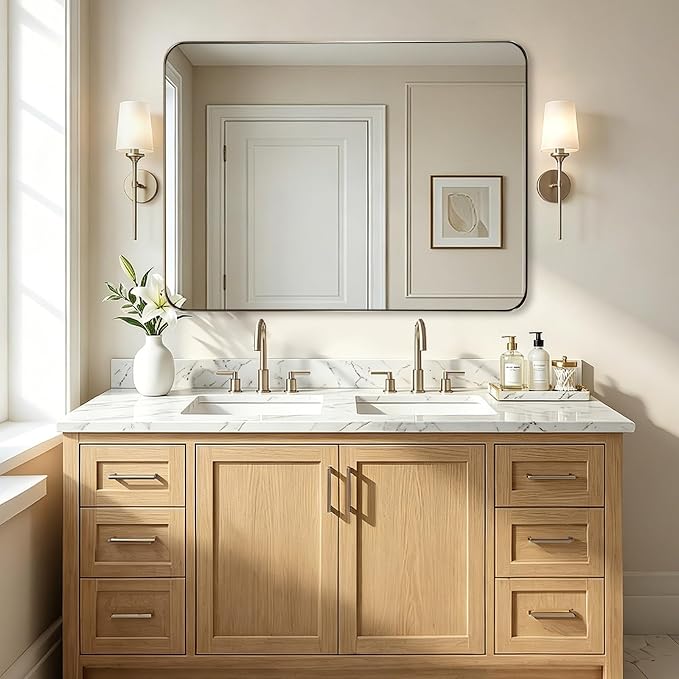 Brushed Champagne Bronze Mirrors for Bathroom Sink, 36x48 Inch Bathroom Vanity Mirror with Rectangular Metal Frame-Modern Clean Design with Superior Stainless Steel Frame