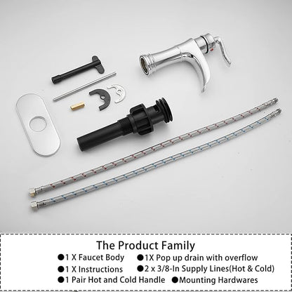 Chrome Bathroom Faucet Waterfall GGStudy Single Handle One Hole Farmhouse Bathroom Vanity Faucet Basin Mixter Tap Deck Mount with Drain Assembly