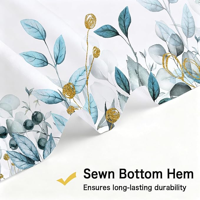 Long Eucalyptus Shower Curtain 72X78 Inch, Teal Blue Watercolor Plants Leaves Floral Tall Bathroom Curtains, Botanical Foliage Waterproof Fabric Cloth Shower Curtain Set with Hooks