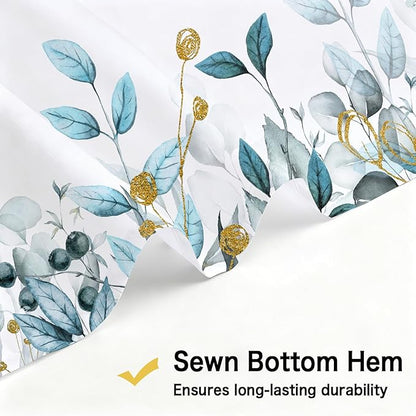 Teal Blue Eucalyptus Shower Curtain, Watercolor Plants Foliage Floral Bathroom Curtains, Cottagecore Botanical Leaves Waterproof Fabric Cloth Shower Curtain Set with Hooks 72X72 Inch
