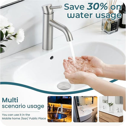 Bathroom Faucets Brushed Nickel Bathroom Sink Faucet Modern Single Handle Bathroom Faucet for 1 or 3 Hole Mxier Tap Washbasin Faucet with Deck, Pop-up Drain and Supply Hoses