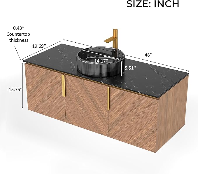 LKTART 48 Inch Bathroom Vanity with Sink, Modern Wall Mounted Bathroom Sink with 3 Doors, Black Sintered Stone Countertop and Black Round Glass Basin, Brown