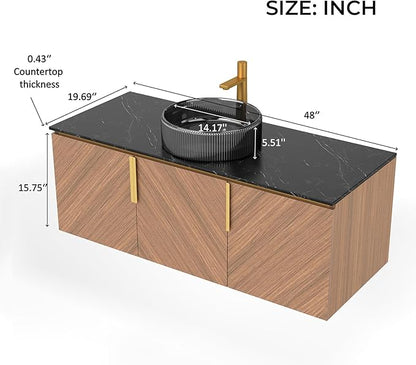 LKTART 48 Inch Bathroom Vanity with Sink, Modern Wall Mounted Bathroom Sink with 3 Doors, Black Sintered Stone Countertop and Black Round Glass Basin, Brown