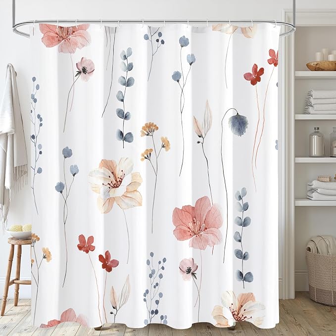 Coral Beige Watercolor Floral Fabric Shower Curtain, 72x84 | Waterproof Fabric, Modern Minimalist Floral Print, Machine Washable, Rustproof Grommets, for Bathroom Home, Extra Long