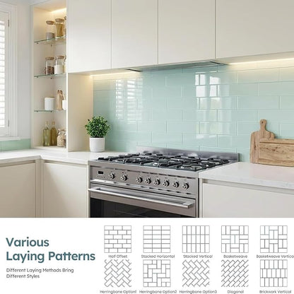 Peel and Stick Green Glass Subway Tiles, 3x12 Inch, 5 Sq.ft | Glass Tile for Kitchen Backsplash, Bathroom, Accent Wall