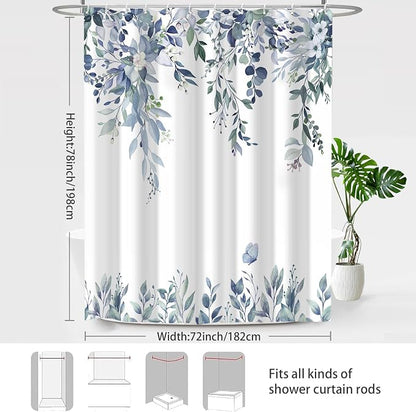 Blue Floral Eucalyptus Shower Curtain with Hooks, 72x78 Inch | Waterproof Fabric, Watercolor Leaves and Floral, Botanical Style, Machine Washable, Quick-Drying, for Hotel Bathroom