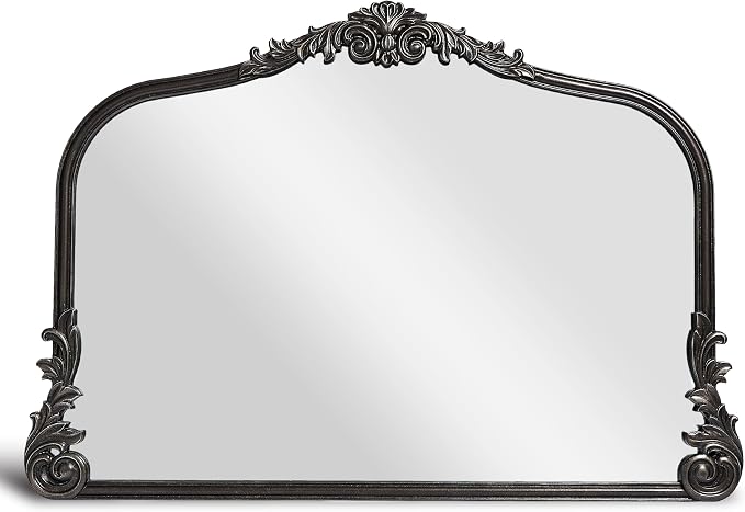 English Estate Carved Arch Wood Wall Mirror, Mirror for Entryway, Living Room, Bathroom, Antique Silver, 26x37