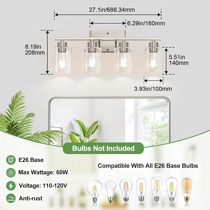 4-Light Brushed Nickel Bathroom Vanity Light with Clear Glass Shades