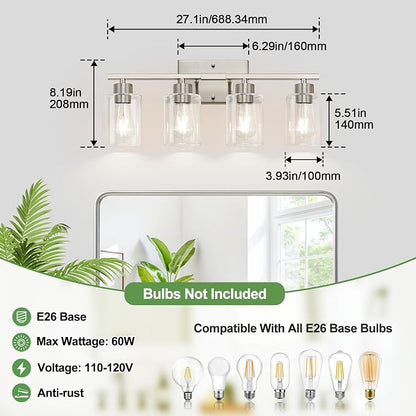 4-Light Brushed Nickel Bathroom Vanity Light with Clear Glass Shades