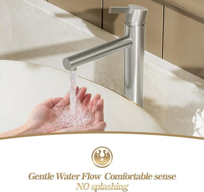 Single Hole Tall Brushed Nickel Vessel Bathroom Sink Faucet, One Hole Single Handle Modern Bathroom Faucet, with Pop Up Drain and Water Supply Line,FH01-BN-V