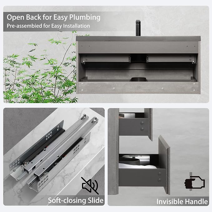 48 Inch Floating Bathroom Vanity with Sink, Modern Grey Wall Mounted Floating Vanity with Scratch-Resistant Quartz Sand Basin and Soft Closing Drawers, Pre Assembled Bathroom Vanity