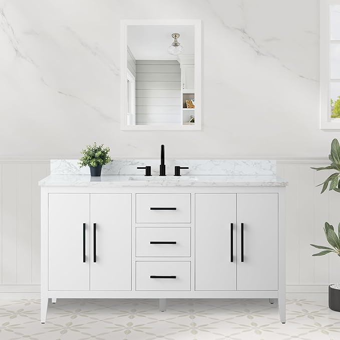 HomeBeyond 60 Inch Bathroom Vanity with Sink & Ceramic Top, Single Vanity Cabinet with Basin, Soft-Closing Doors & Matte Black Hardware, White
