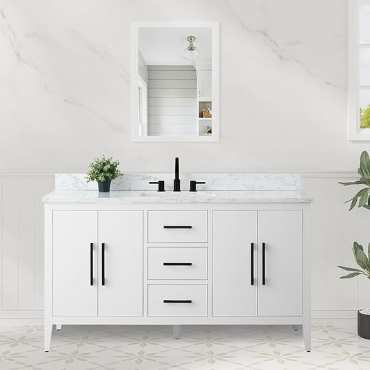 HomeBeyond 60 Inch Bathroom Vanity with Sink & Ceramic Top, Single Vanity Cabinet with Basin, Soft-Closing Doors & Matte Black Hardware, White