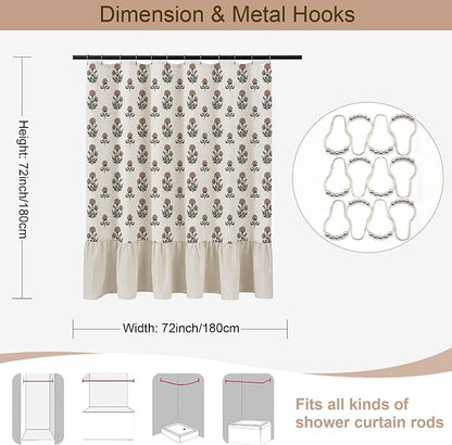 ORTIGIA Linen Textured Ruffle Shower Curtain with Metal Hooks, Vintage Terracotta Brown Floral Block Print Boho Waterproof Bath Curtain for Rustic Farmhouse Bathroom Decor 72x72 Inch