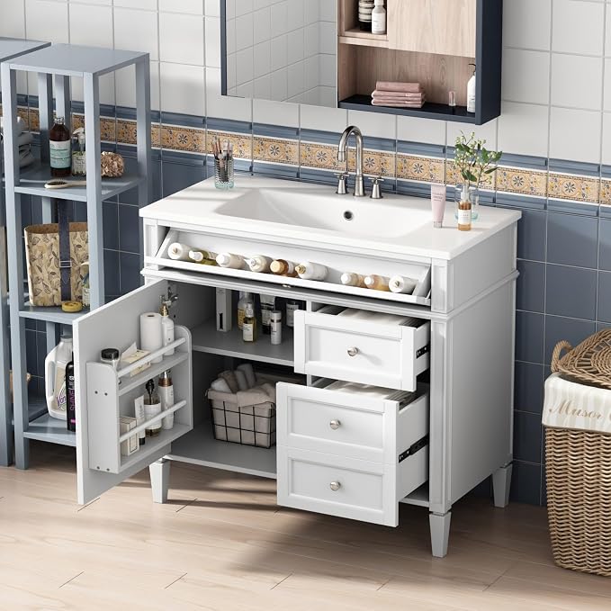 Merax 36'' Bathroom Vanity Without Top Sink, Solid Rubberwood Frame Cabinet | Modern Bathroom Vanity Storage Cabinet with 2 Drawers, Tip-out Drawer, Adjustable Shelf, Soft Closing Doors, White