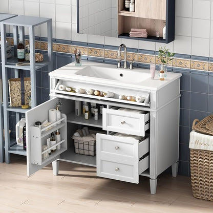 36'' Bathroom Vanity with Top Single Resin Sink Countertop Combo, Solid Wood Frame Modern Organizer Storage Cabinet, Tip-Out Drawer, Soft Closing Doors, Free Standing, White