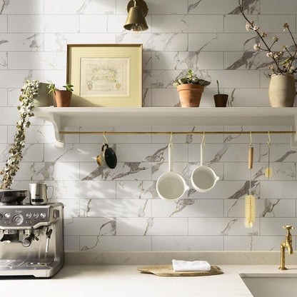 Vamos Tile Peel and Stick Backsplash, Glossy 40-Piece 3''x12'' Subway Tile | White Marble with White Grout Wall Tile,PVC Faux Stone Stick on Subway Tiles for Kitchen,Bathroom,Laundry,Camper