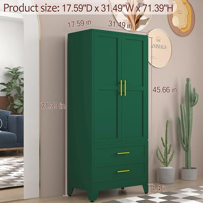 winiowa Metal Armoire Wardrobe Closet with 2 Drawers, 71" Wardrobe Cabinet with Adjustable Shelves and Hanging Rod, Clothing Storage Cabinet Closet for Bedroom-Green