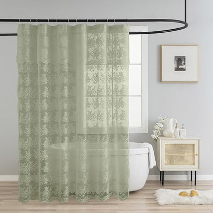 TUDECO Extra Long Green Lace Shower Curtain for Bathroom, 72W x 84L Inch | French Country, Sheer Floral Pattern, Summer Decor, Scalloped Edges, Attached Valance, Reinforced Holes, Machine Washable