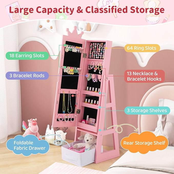 CHARMAID Kids Standing Jewelry Armoire - 45.5'' Pink Jewelry Cabinet with Full Length Mirror, Storage Drawer, Back Shelf and Kids Jewelry Organizer Box Vanity Dressing Mirror for Girls