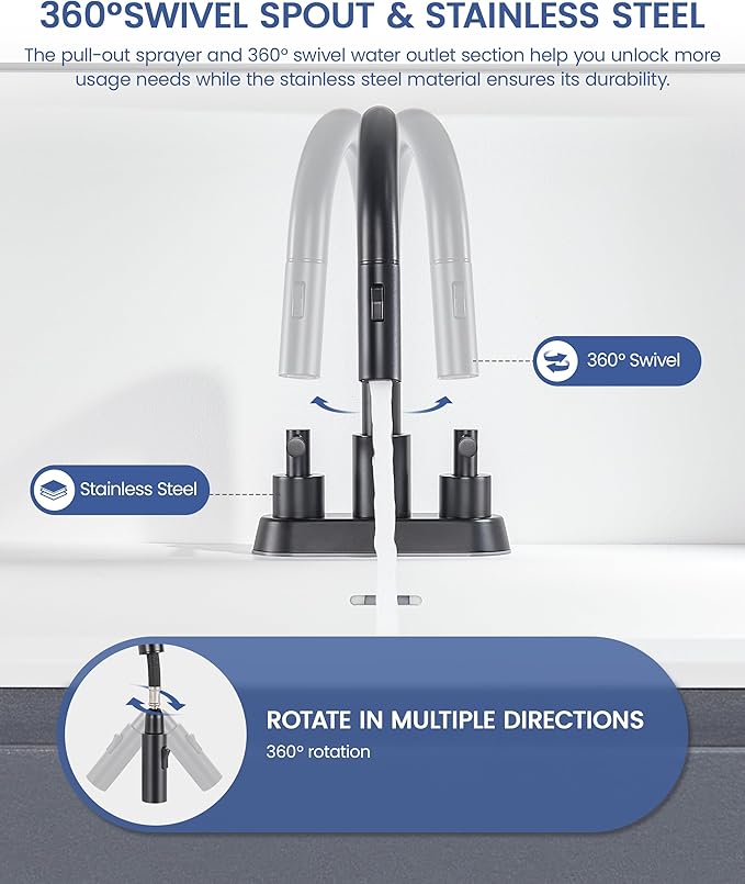 Bathroom Sink Faucet with Pull Out Sprayer 2 Handles, Matte Black Pull Down Bathroom Faucet 3 Holes, 4 Inch Black Faucet Bathroom, 360 Degree Swivel Spout, Pop Up Drain Assembly Included