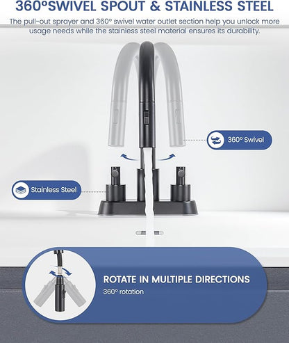 Bathroom Sink Faucet with Pull Out Sprayer 2 Handles, Matte Black Pull Down Bathroom Faucet 3 Holes, 4 Inch Black Faucet Bathroom, 360 Degree Swivel Spout, Pop Up Drain Assembly Included