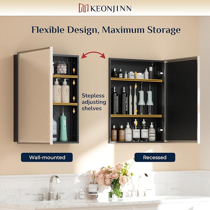 Keonjinn Bathroom Medicine Cabinets with Mirror, 24" x 30" Brushed Nickel Medicine Cabinet, Recessed or Wall-Mounted, Aluminum Alloy Framed, Farmhouse Bathroom Mirror with Storage Cabinet